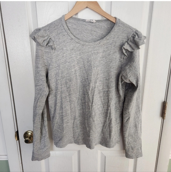 Frame Denim Tops - Frame Denim Women Large Heather Grey Ruffle Shoulder Long Sleeve Pullover Shirt